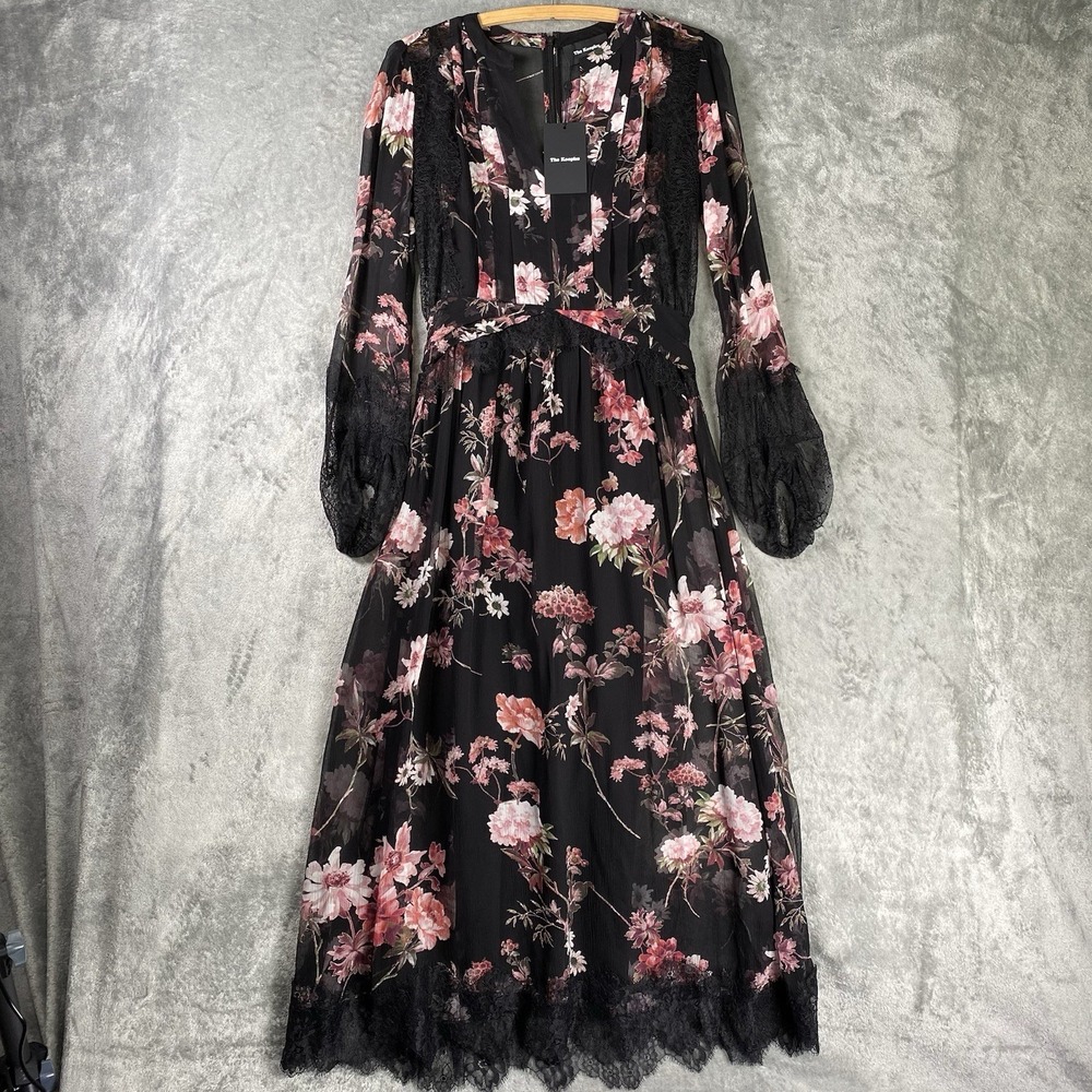The Kooples Dress Womens S Black Floral Silk Long Moulin Maxi Lace Romantic NWT